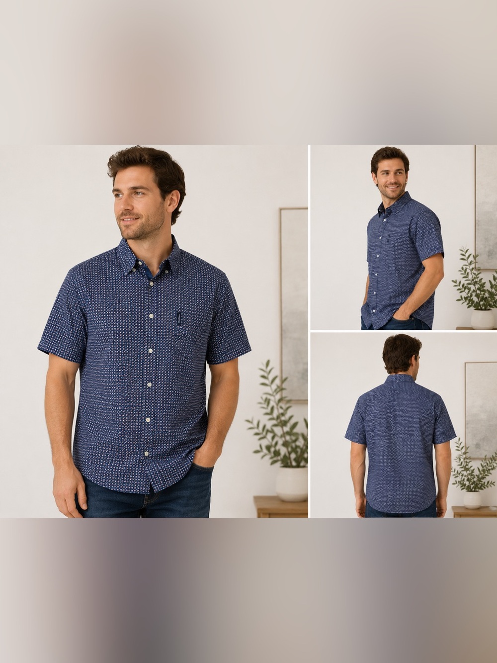 Ben Sherman Blue Floral Geo Print Stretch Fit Button Up Shirt